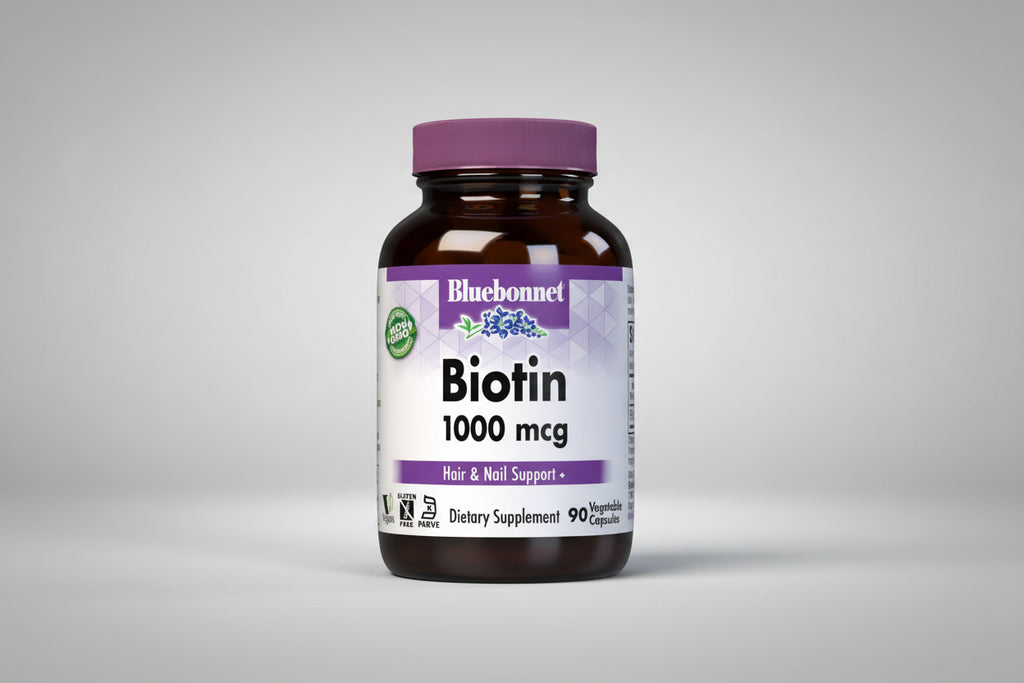 Bluebonnet Biotin supplement bottle on a white background