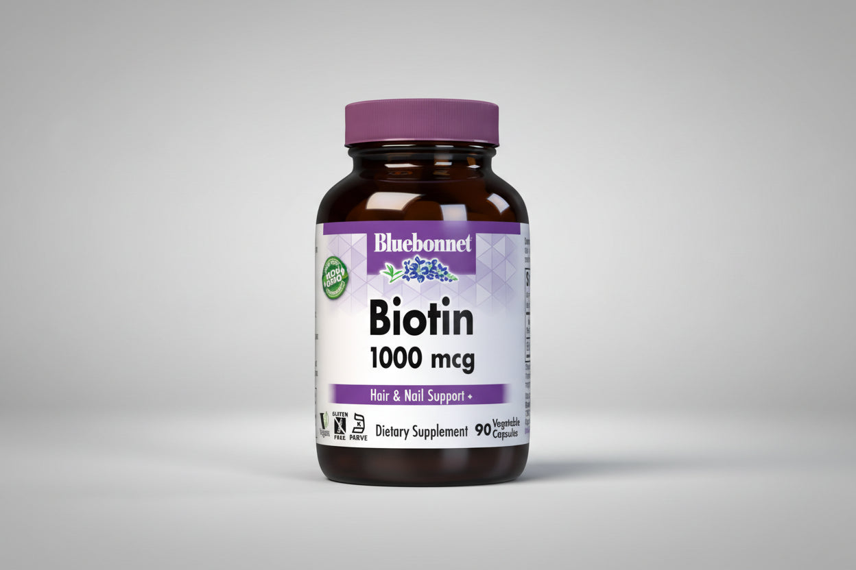 Bluebonnet Biotin supplement bottle on a white background