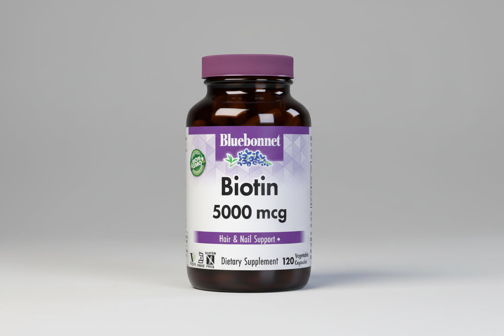 Bluebonnet Biotin supplement bottle with purple cap and label on a white background