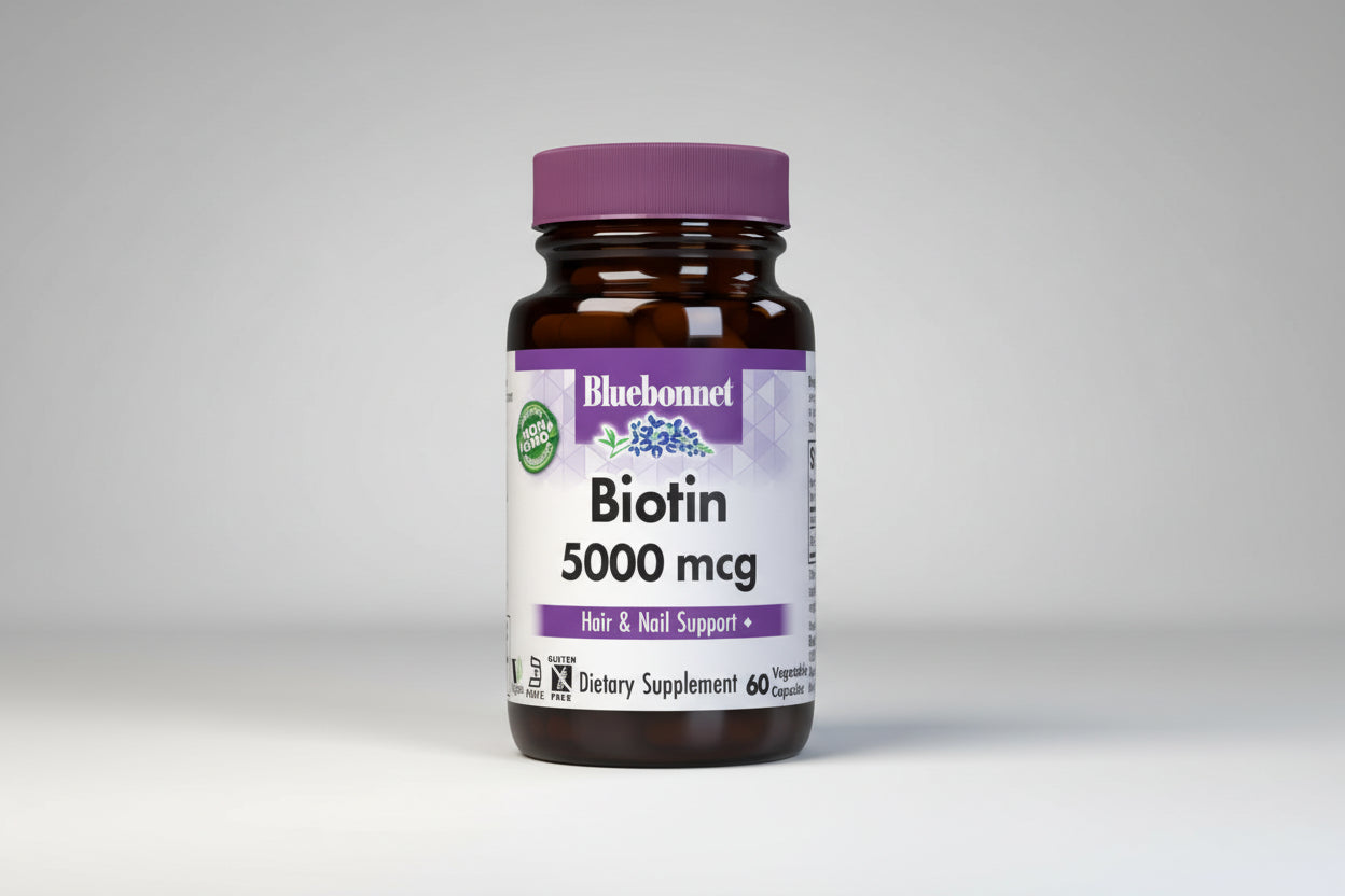 Bluebonnet Biotin supplement bottle with purple cap on a white background