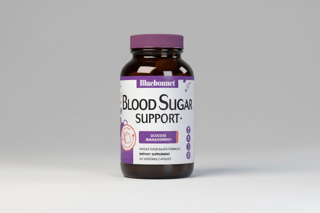 Bluebonnet Blood Sugar Support supplement bottle on a white background