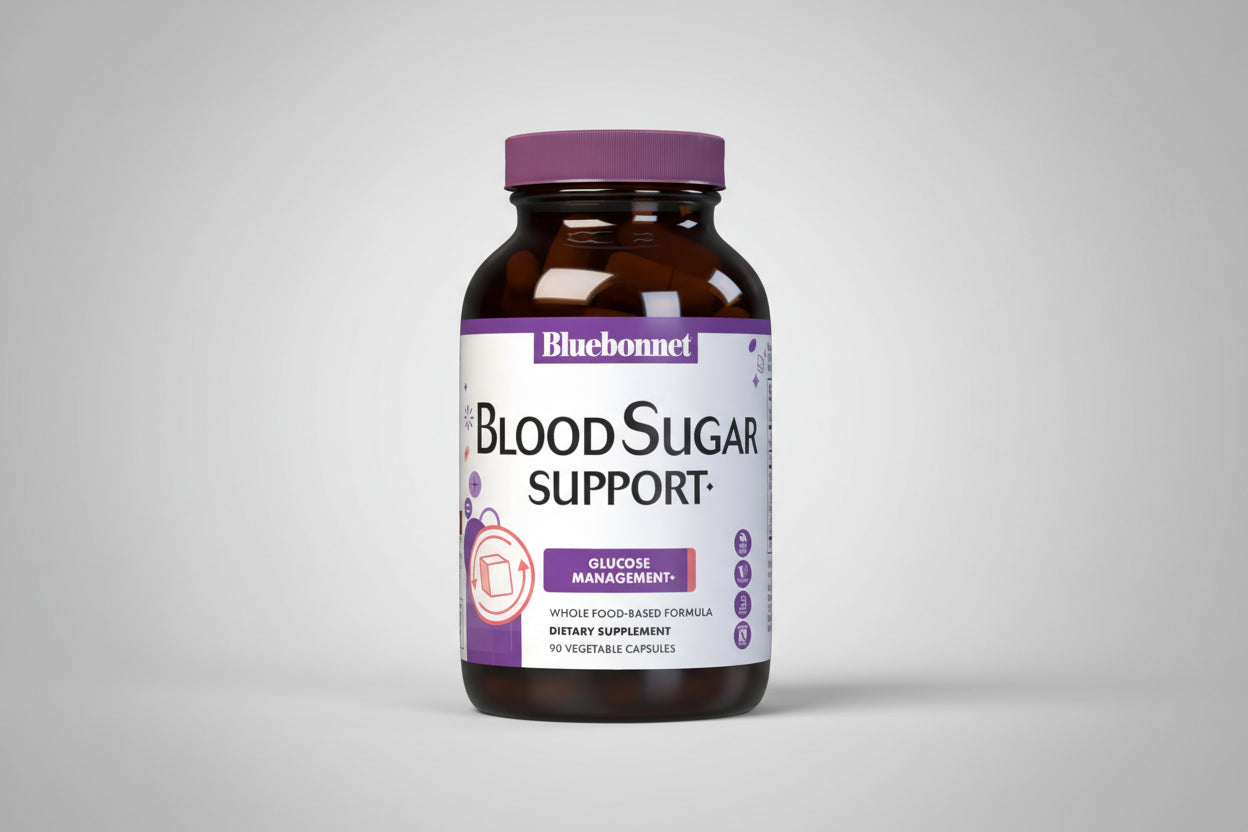 Bluebonnet Blood Sugar Support supplement bottle on a white background