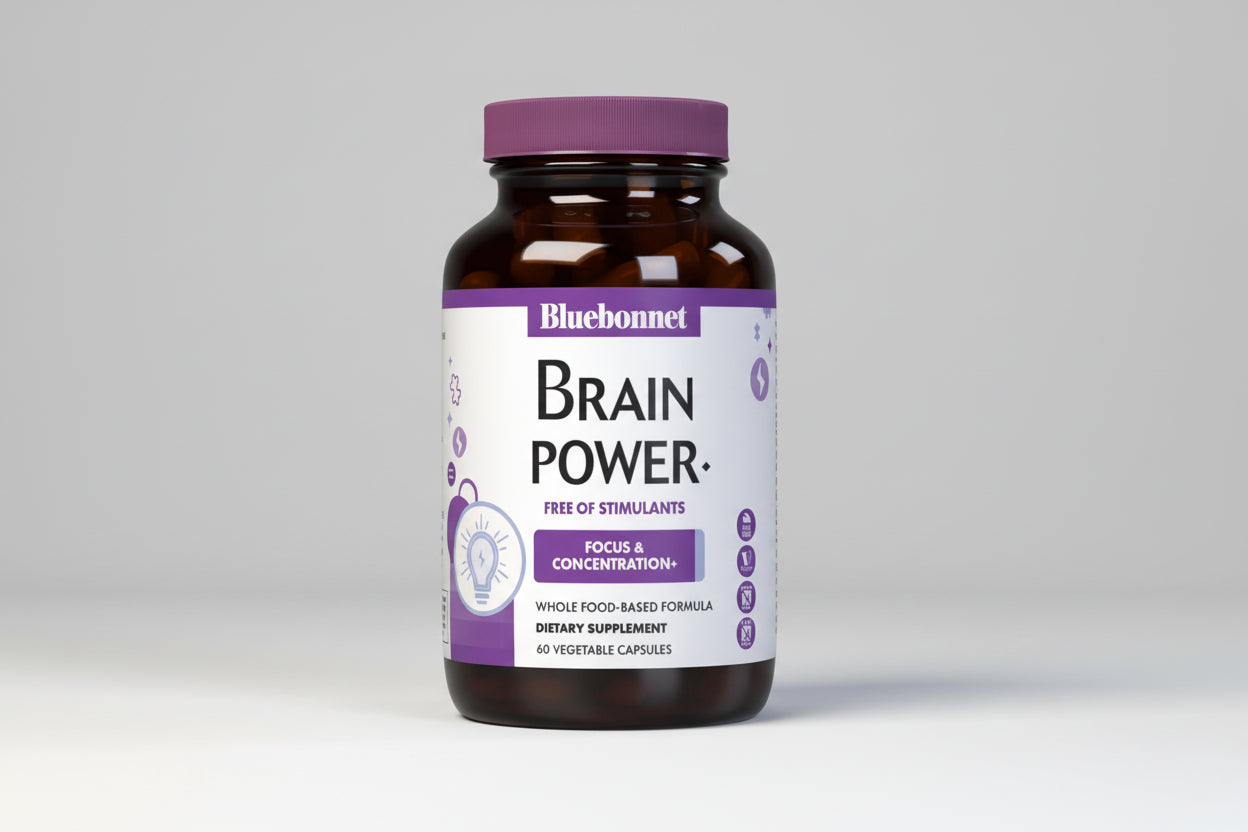 Bluebonnet Brain Power dietary supplement bottle on a white background
