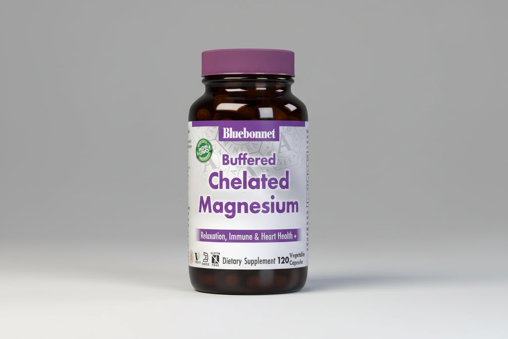 Bluebonnet Buffered Chelated Magnesium supplement bottle on a white background