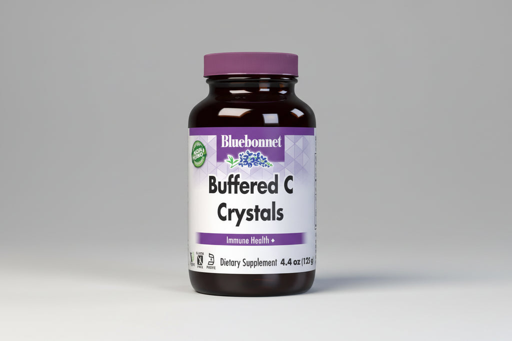 Bluebonnet Buffered C Crystals dietary supplement bottle on a white background