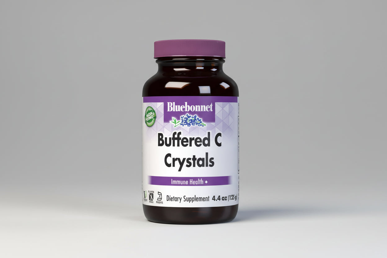 Bluebonnet Buffered C Crystals dietary supplement bottle on a white background