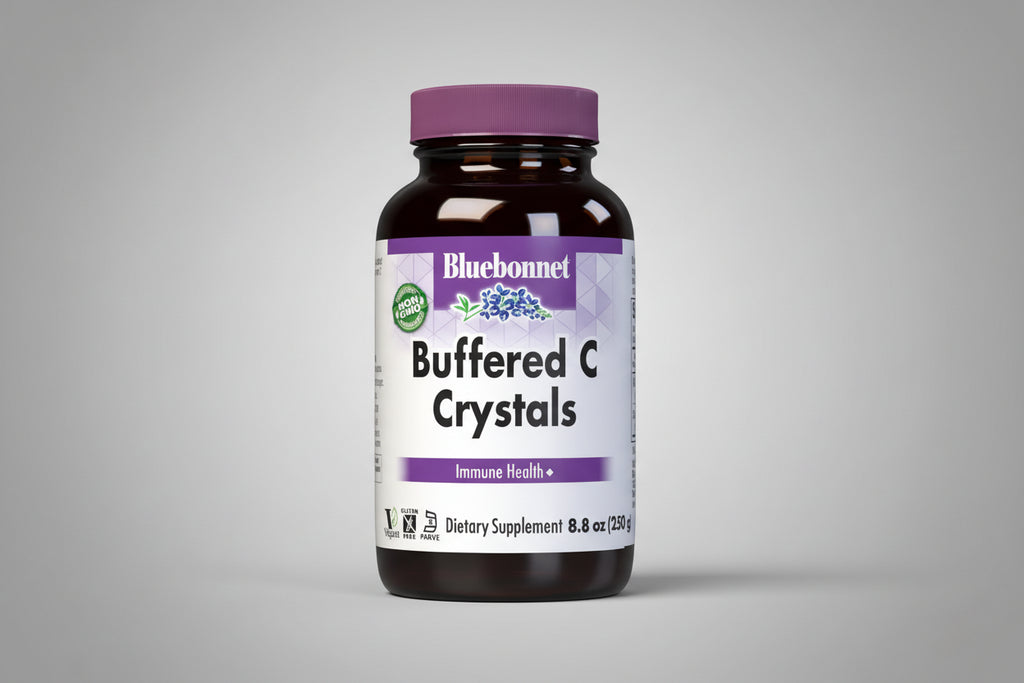 Bluebonnet Buffered C Crystals dietary supplement bottle on a white background