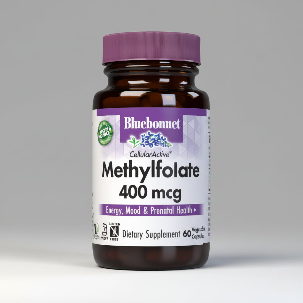 Bluebonnet Methylfolate 400 mcg dietary supplement bottle on a white background