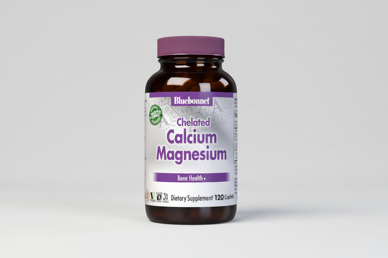 Bottle of Bluebonnet Chelated Calcium Magnesium supplement on a white background