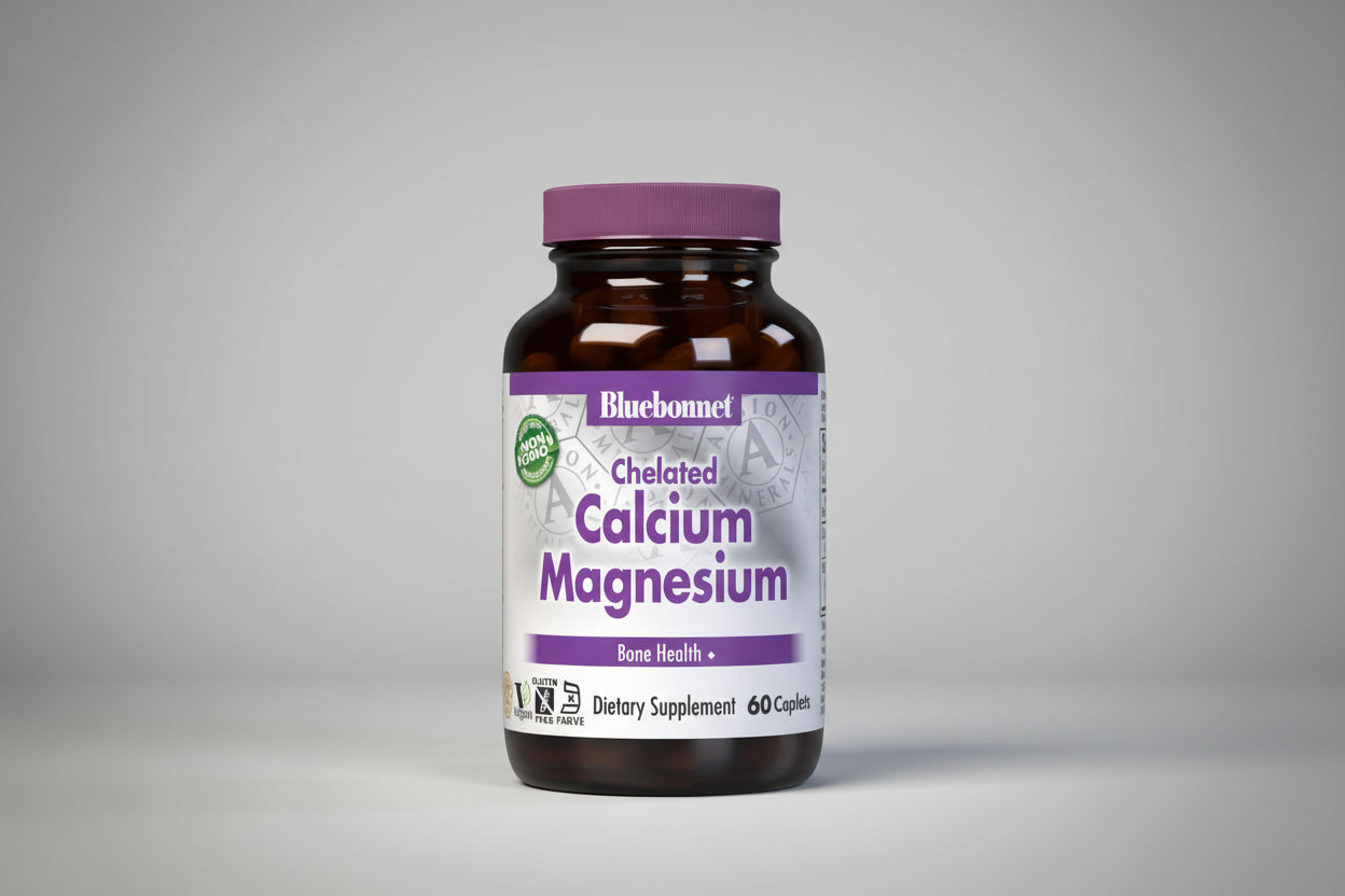 Bluebonnet Chelated Calcium Magnesium supplement bottle on a white background