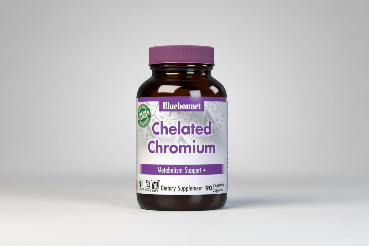 Bluebonnet Chelated Chromium dietary supplement bottle on a white background