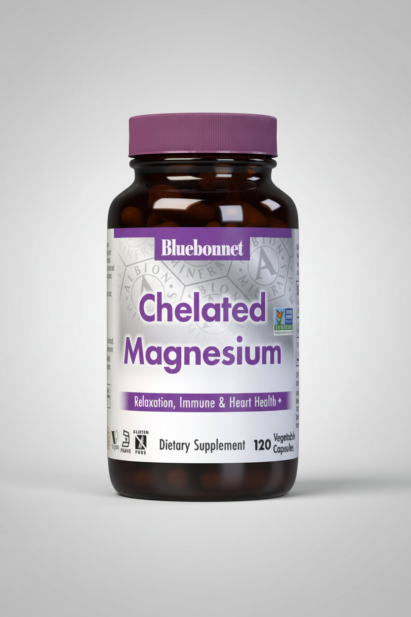 Bluebonnet Chelated Magnesium supplement bottle on a white background