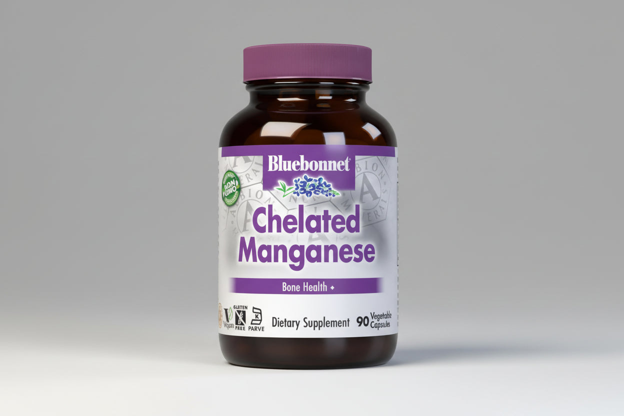 Bluebonnet Chelated Manganese dietary supplement bottle on a white background
