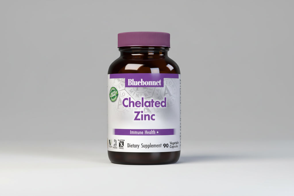 Bluebonnet Chelated Zinc dietary supplement bottle on a white background
