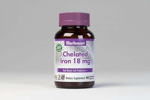 Bluebonnet Chelated Iron 18 mg dietary supplement bottle on a white background