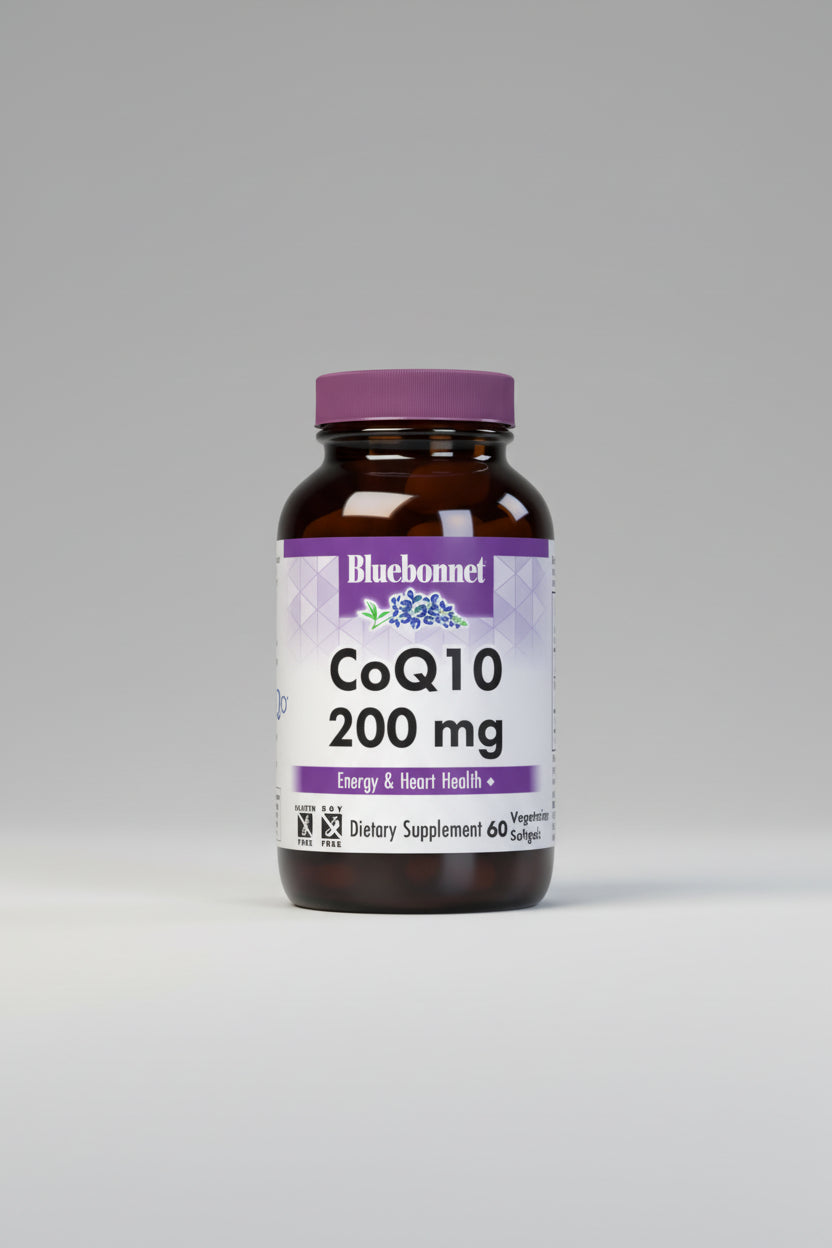 Bluebonnet CoQ10 200 mg dietary supplement bottle on a white background