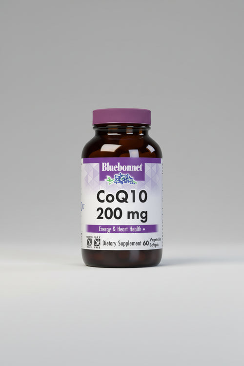 Bluebonnet CoQ10 200 mg dietary supplement bottle on a white background