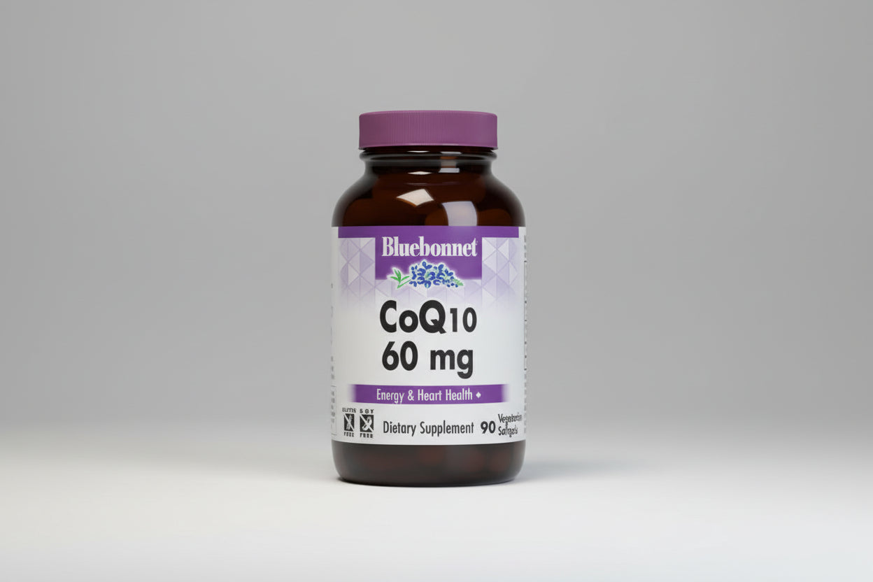 Bluebonnet CoQ10 60 mg dietary supplement bottle on a white background