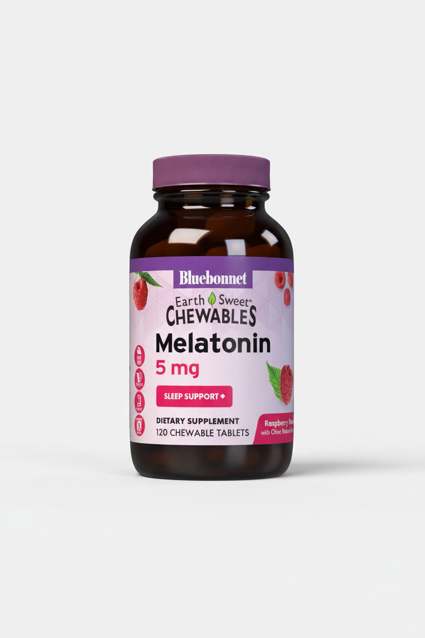 Bottle of Bluebonnet Melatonin chewable tablets on a white background