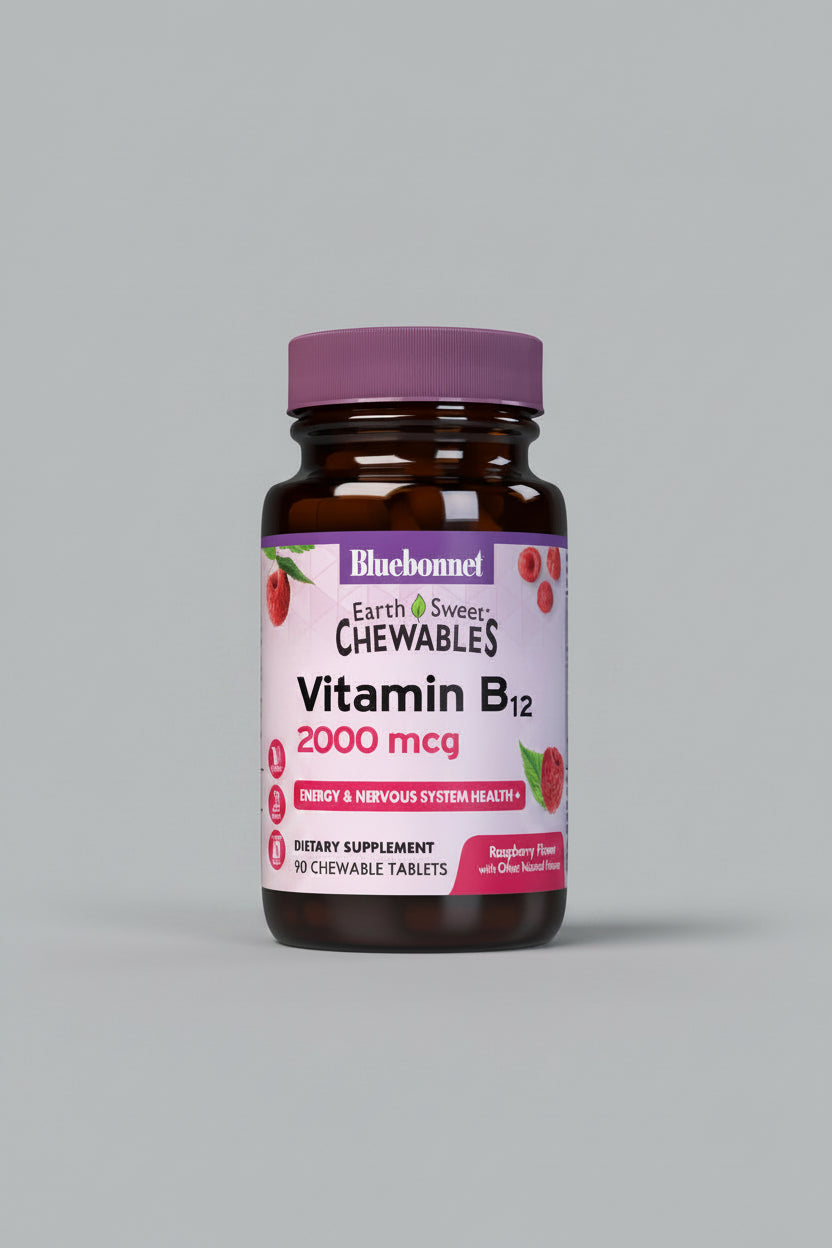 Vitamin B12 chewable supplement bottle with purple cap on a white background