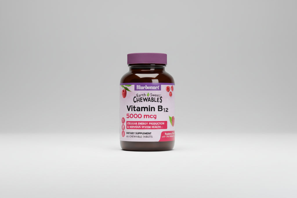 Bluebonnet Vitamin B12 chewable supplement bottle on a white background