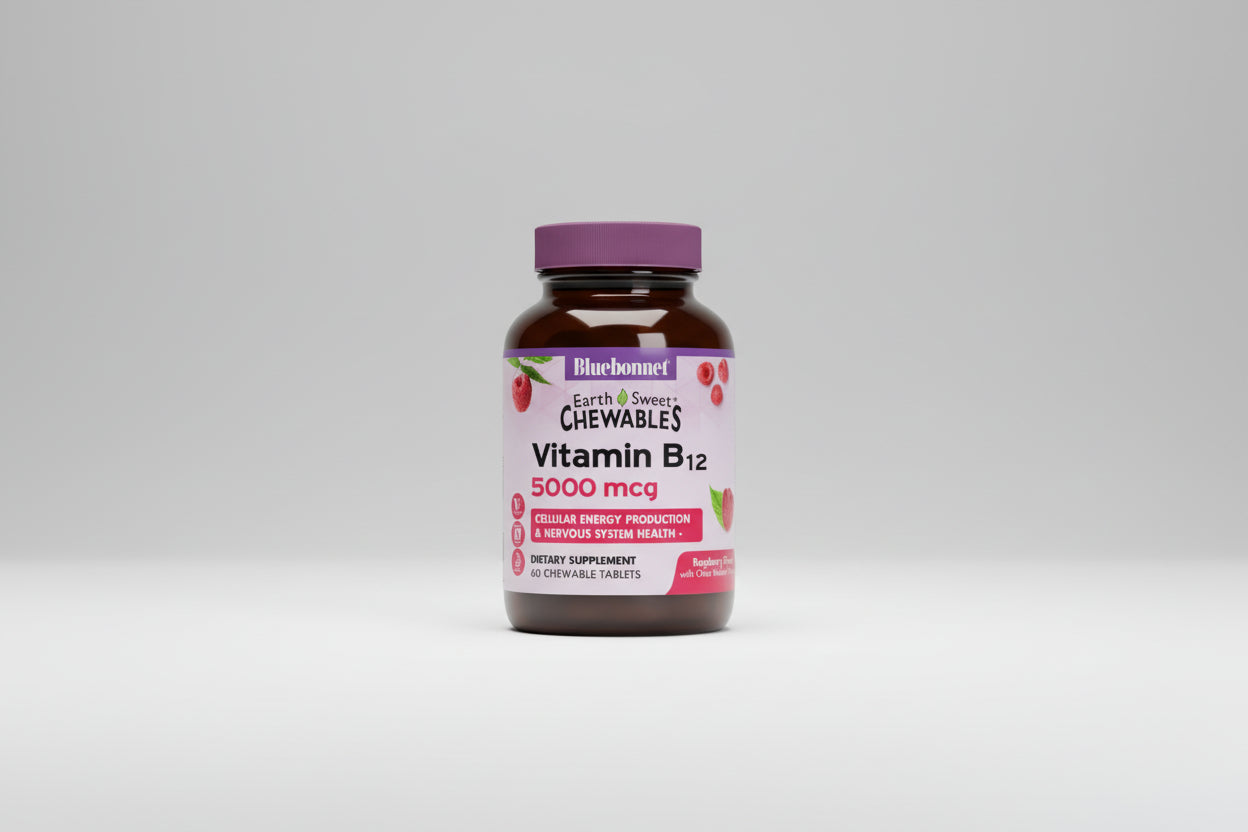 Bluebonnet Vitamin B12 chewable supplement bottle on a white background