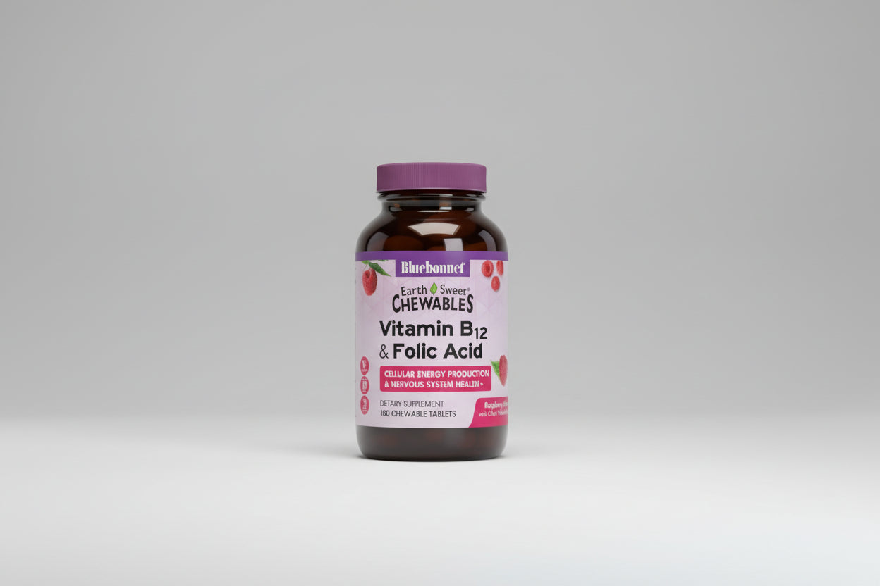 Supplement bottle labeled 'Bluebonnet Vitamin B12 & Folic Acid' on a white background