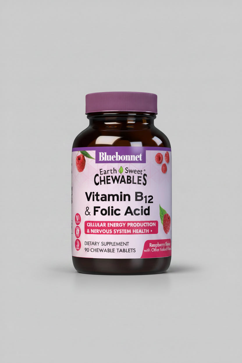 Bluebonnet Vitamin B12 & Folic Acid chewable supplement bottle on a white background