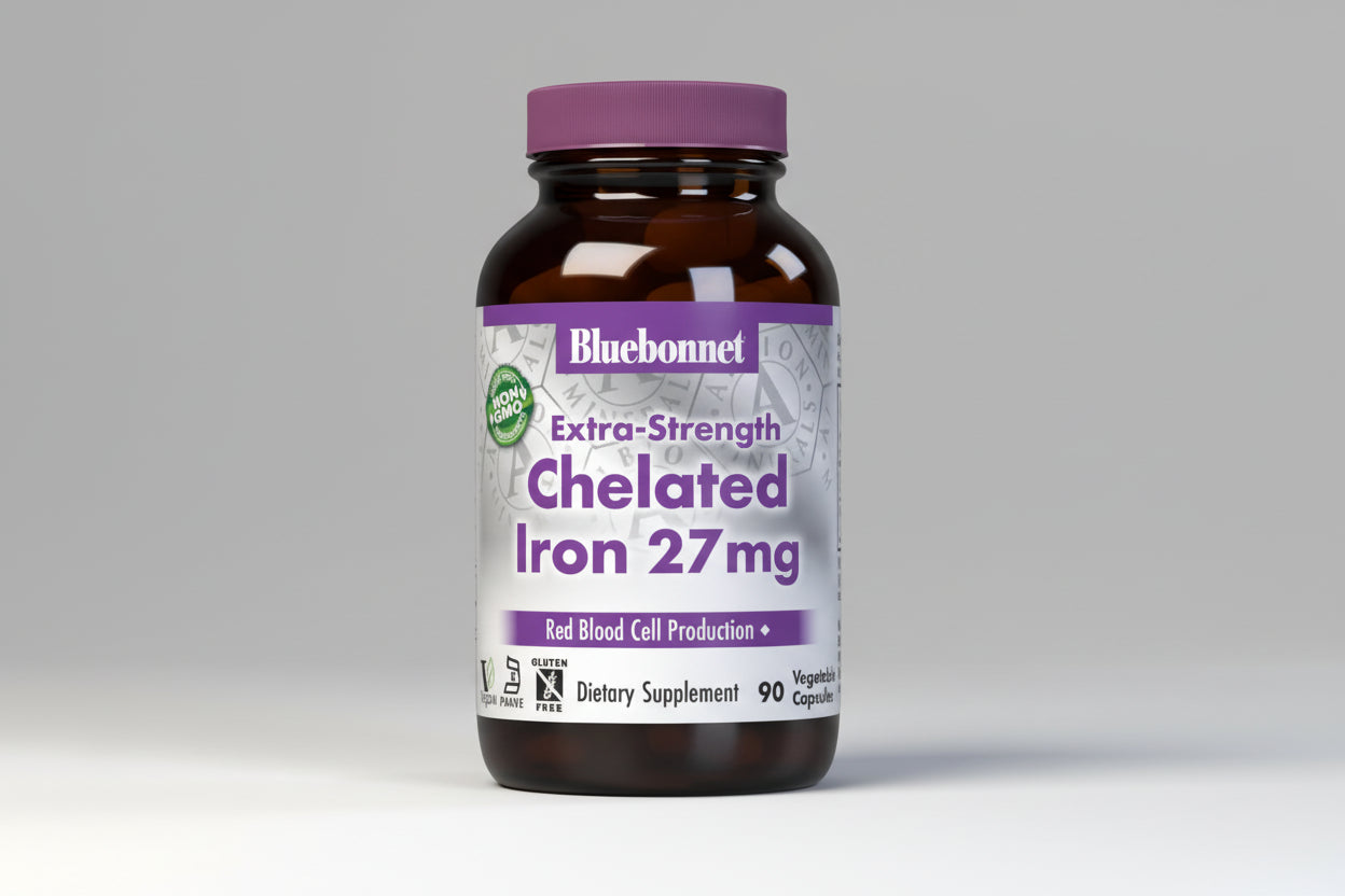 Bluebonnet Extra-Strength Chelated Iron 27mg dietary supplement bottle on a white background