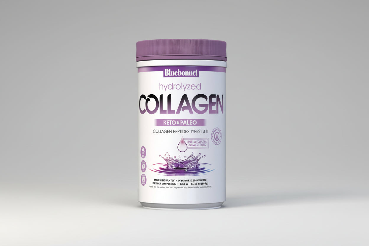 Bluebonnet hydrolyzed collagen supplement container on a white background