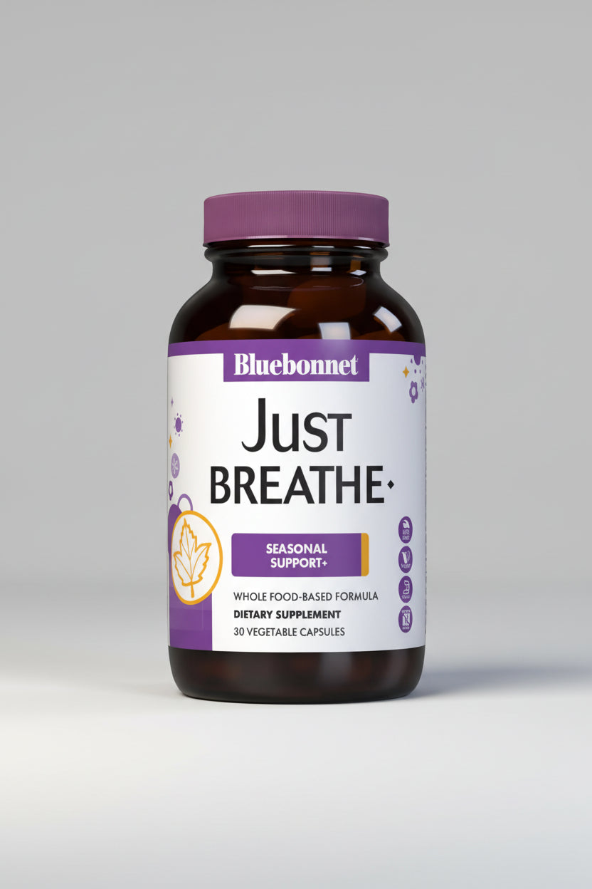 Supplement bottle labeled 'Just Breathe' by Bluebonnet on a white background