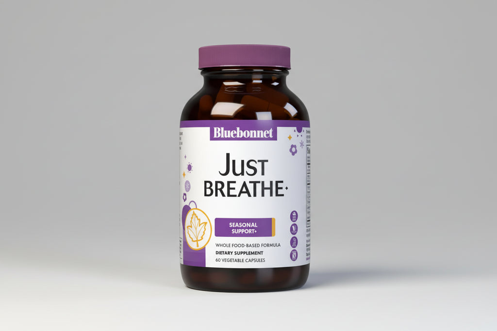 Bluebonnet 'Just Breathe' dietary supplement bottle on a white background