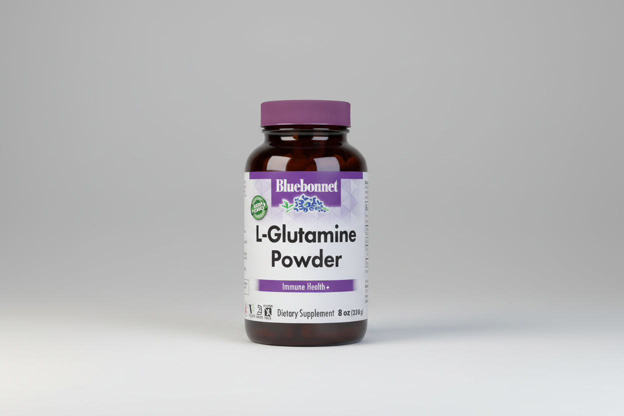 Bottle of Bluebonnet L-Glutamine Powder on a white background