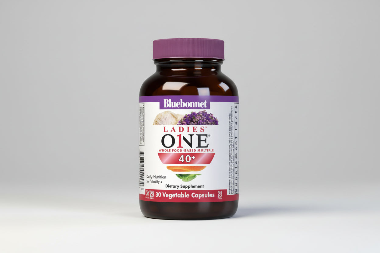 Bluebonnet Ladies' One 40+ dietary supplement bottle on a white background