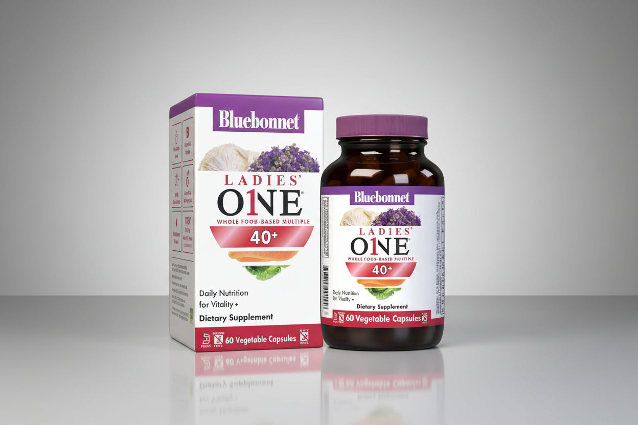Bluebonnet Ladies' One 40+ dietary supplement bottle and packaging on a white background