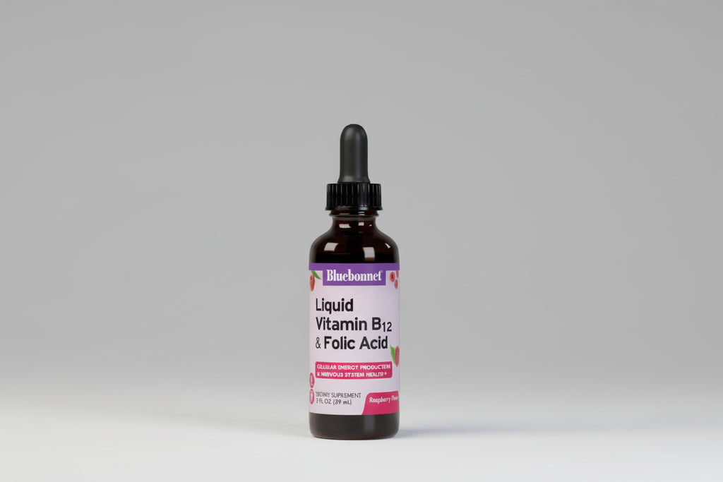 Bottle of Bluebonnet Liquid Vitamin B12 & Folic Acid on a white background