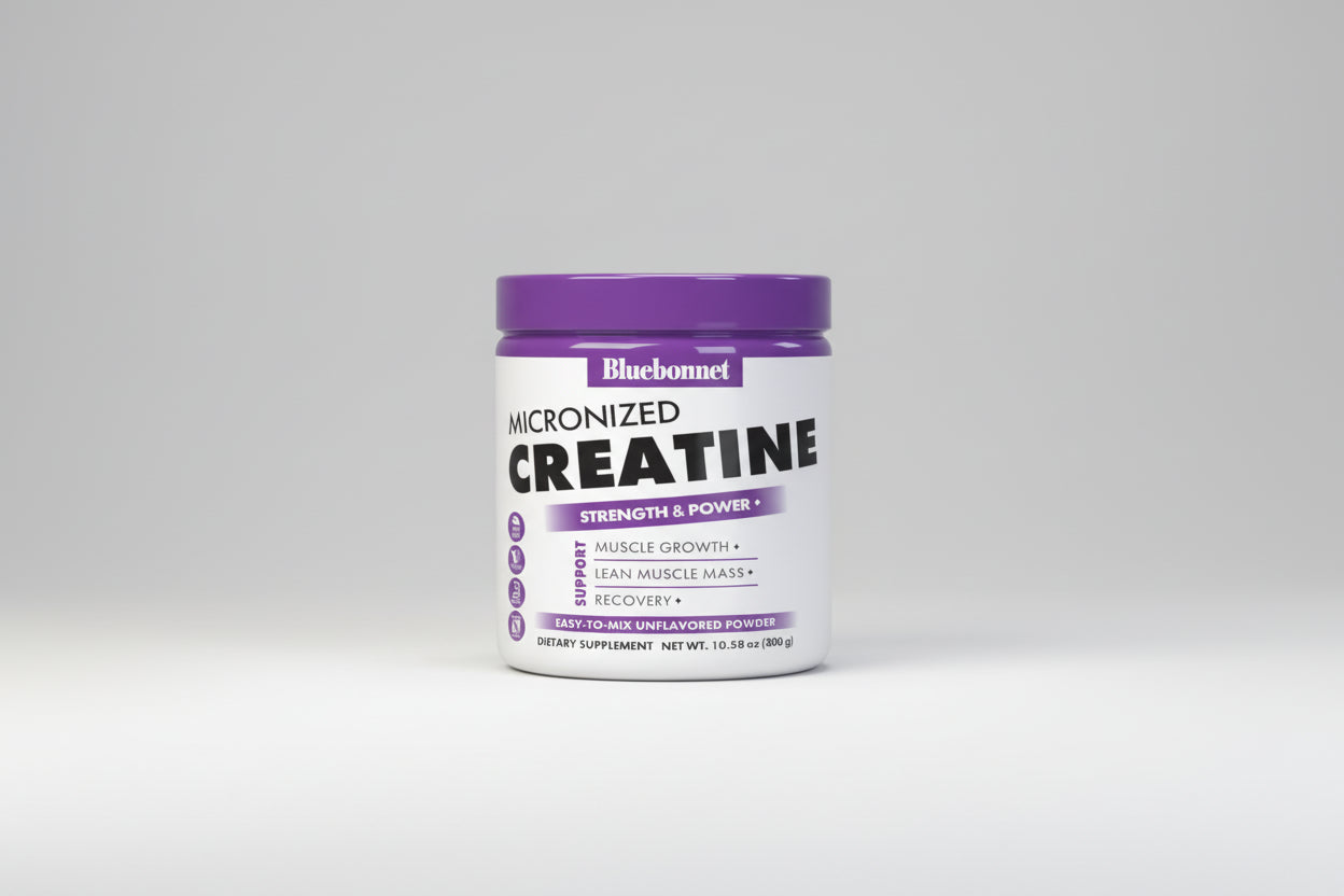 Bluebonnet Micronized Creatine supplement container on a white background