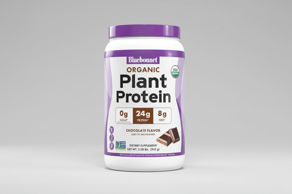Bluebonnet Organic Plant Protein powder container with purple lid on a white background