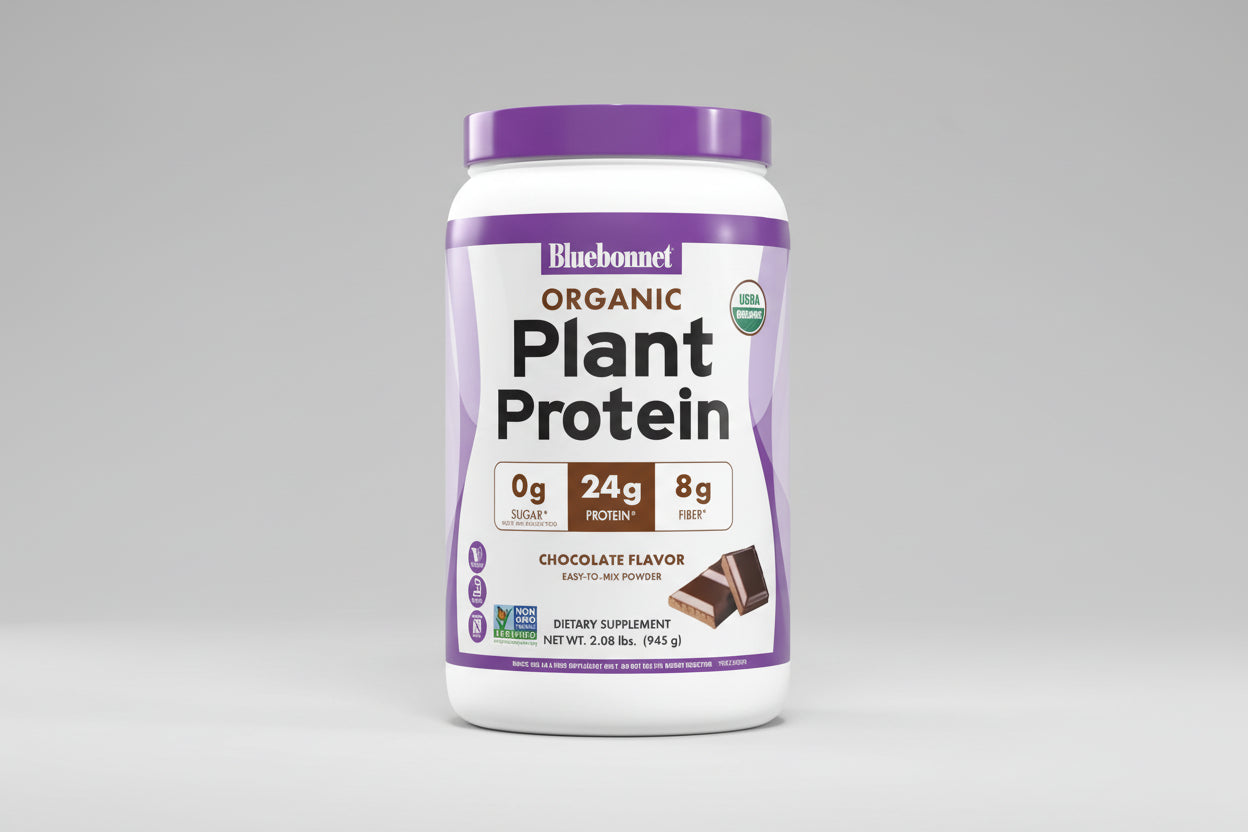 Bluebonnet Organic Plant Protein powder container with purple lid on a white background