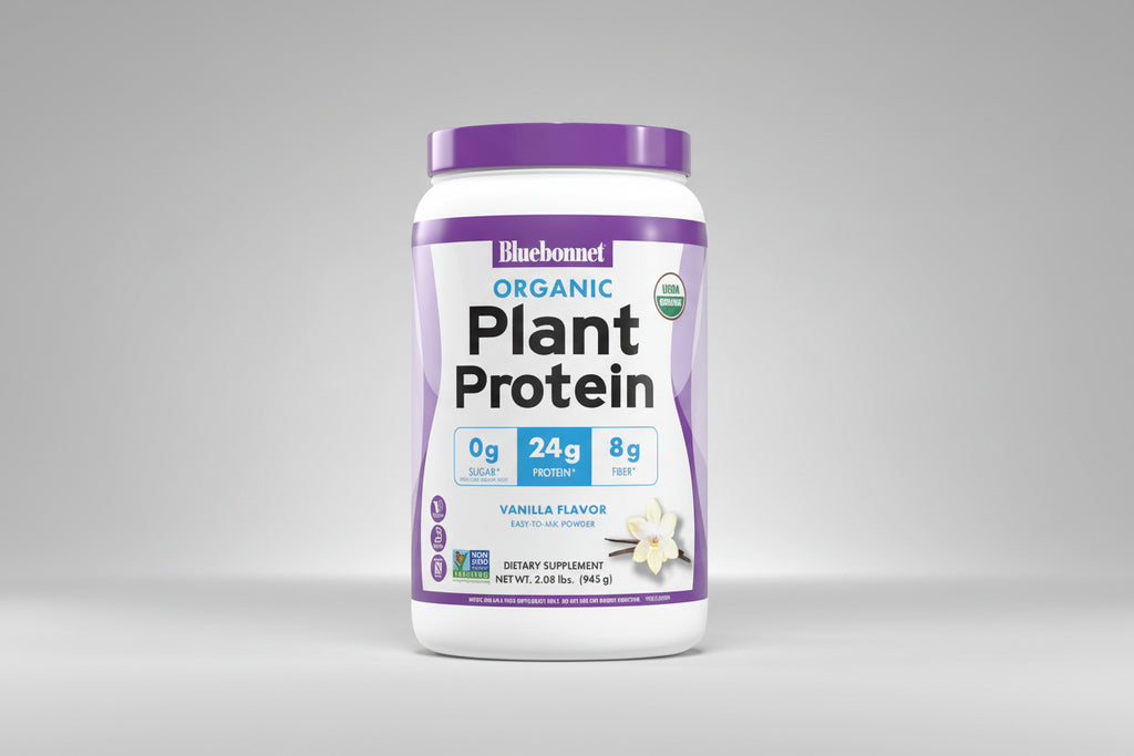 Bluebonnet Organic Plant Protein container with purple lid on a white background