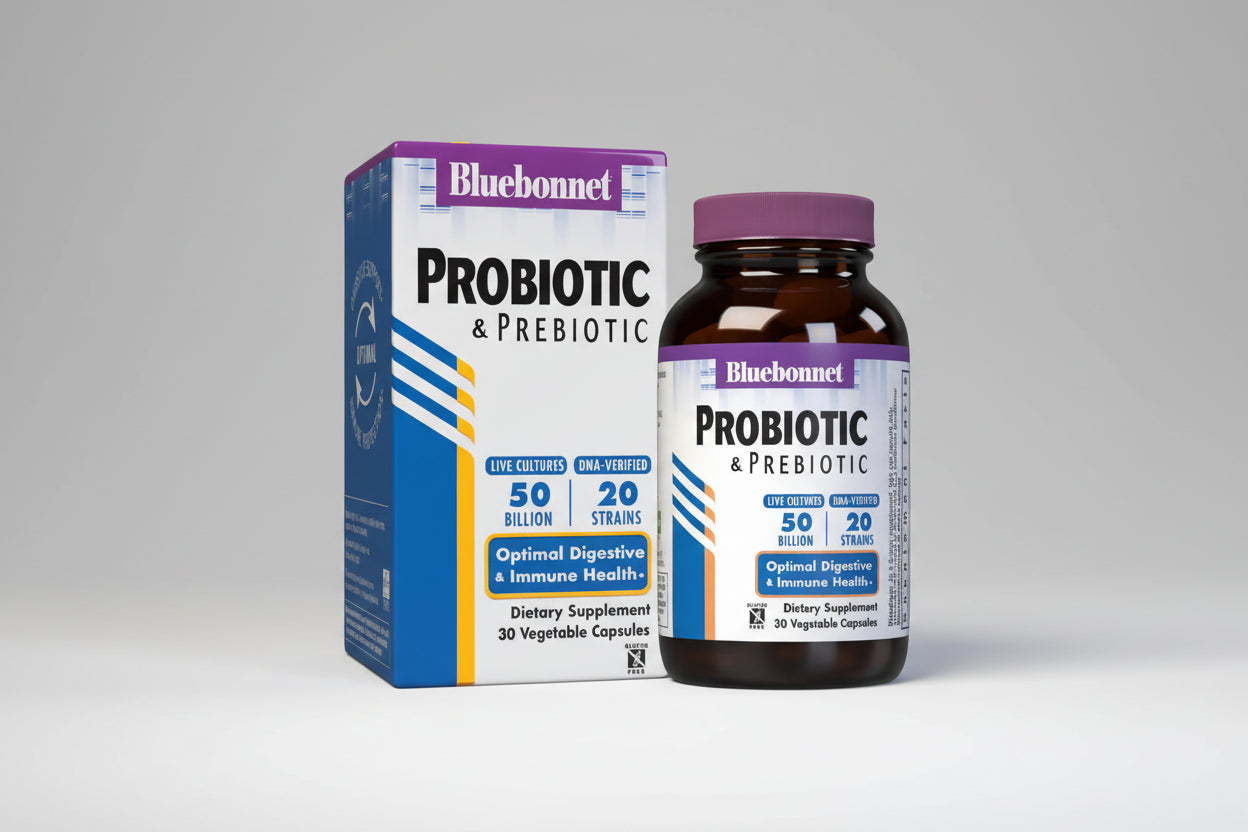 Bluebonnet probiotic supplement bottle and packaging on a white background