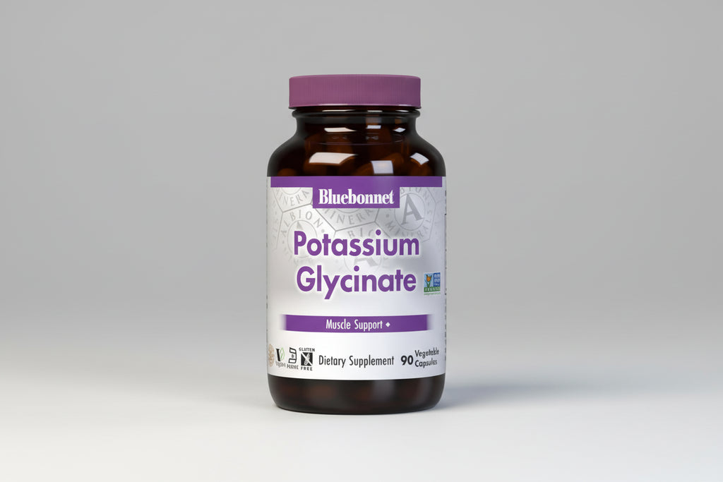 Bluebonnet Potassium Glycinate supplement bottle on a white background