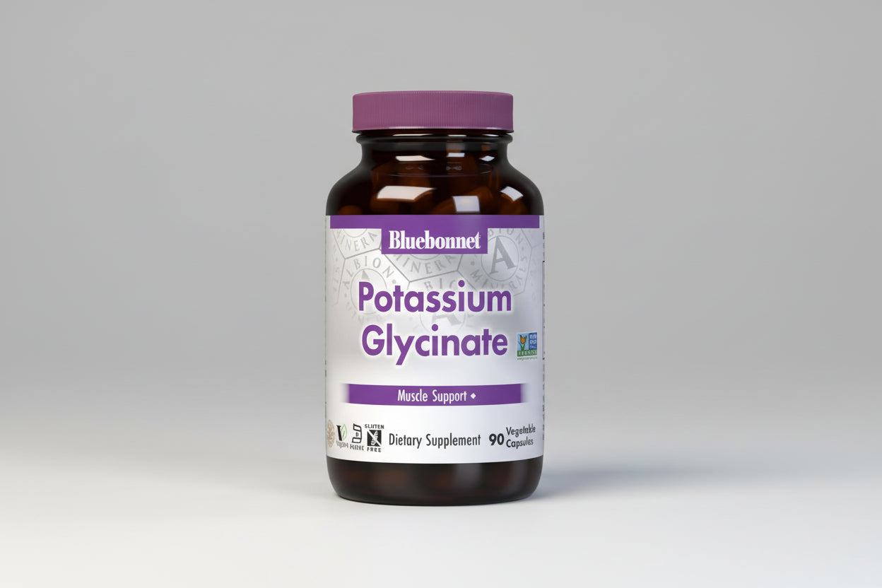 Bluebonnet Potassium Glycinate supplement bottle on a white background