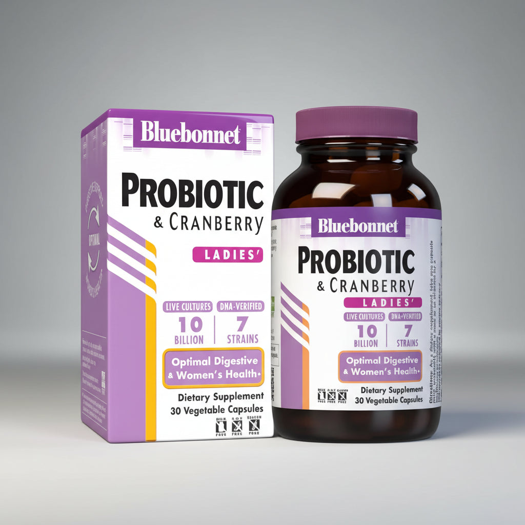 Bluebonnet Probiotic & Cranberry supplement bottle and packaging on a white background