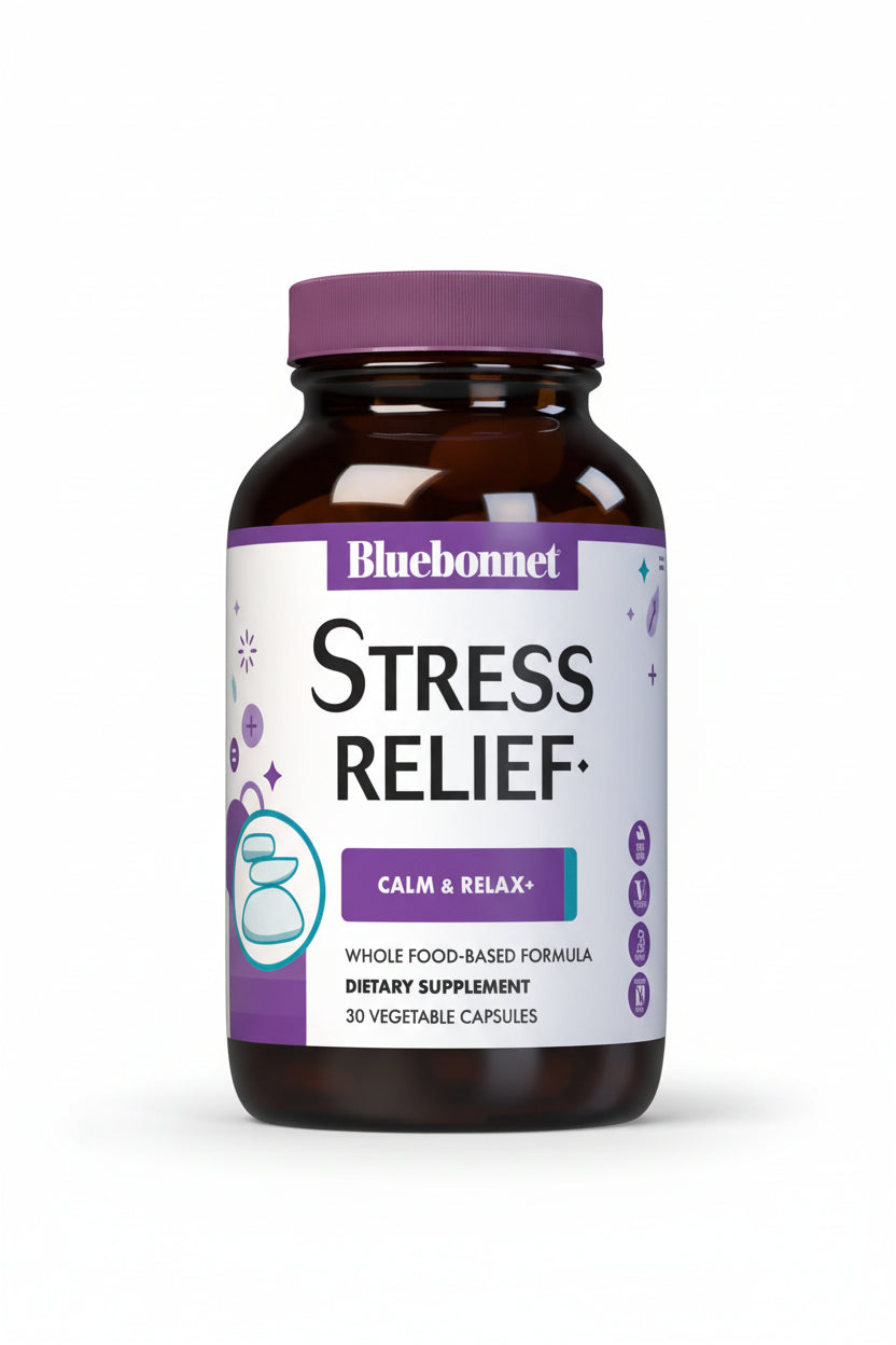 Bluebonnet Stress Relief supplement bottle on a white background