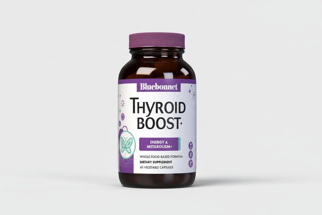 Bluebonnet Thyroid Boost supplement bottle on a white background