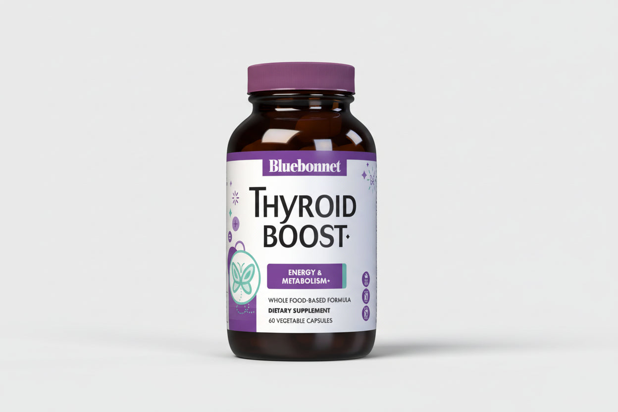 Bluebonnet Thyroid Boost supplement bottle on a white background