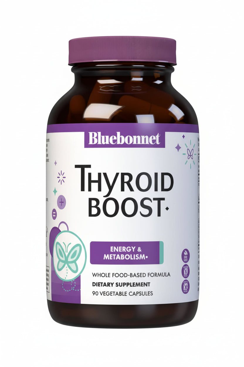 Bluebonnet Thyroid Boost supplement bottle on a white background