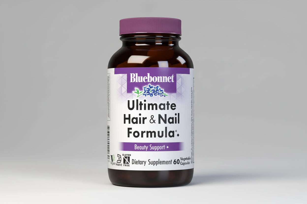 Bluebonnet Ultimate Hair & Nail Formula supplement bottle on a white background