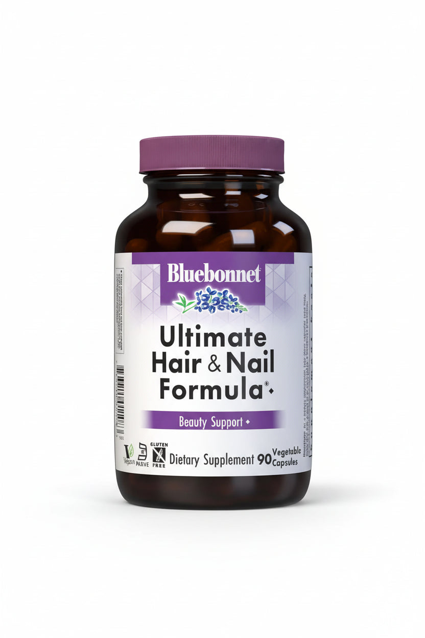 Bluebonnet Ultimate Hair & Nail Formula supplement bottle on a white background